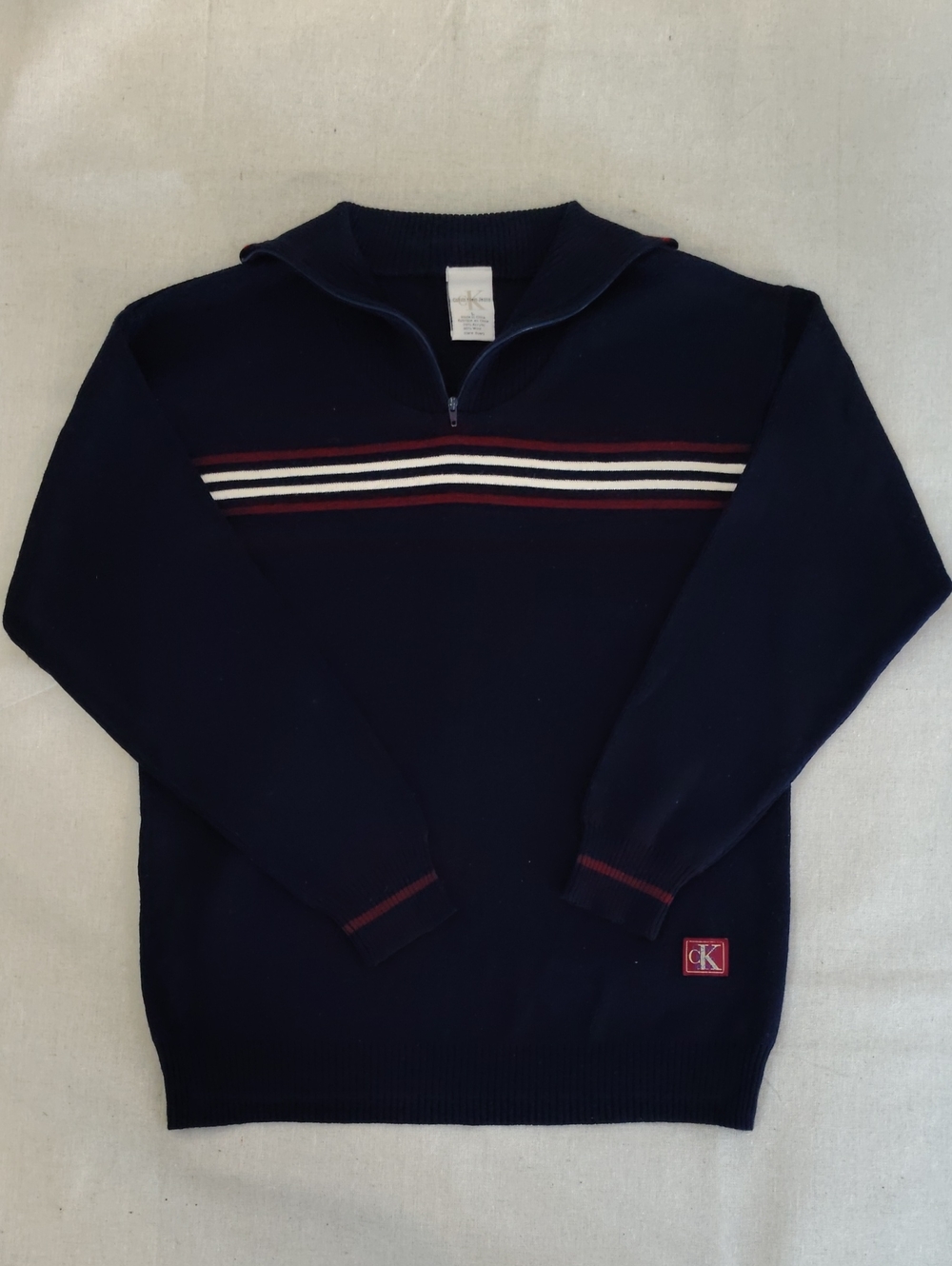 Calvin Klein Navy Quarter-Zip Sweater with Red and White Chest Stripes Large